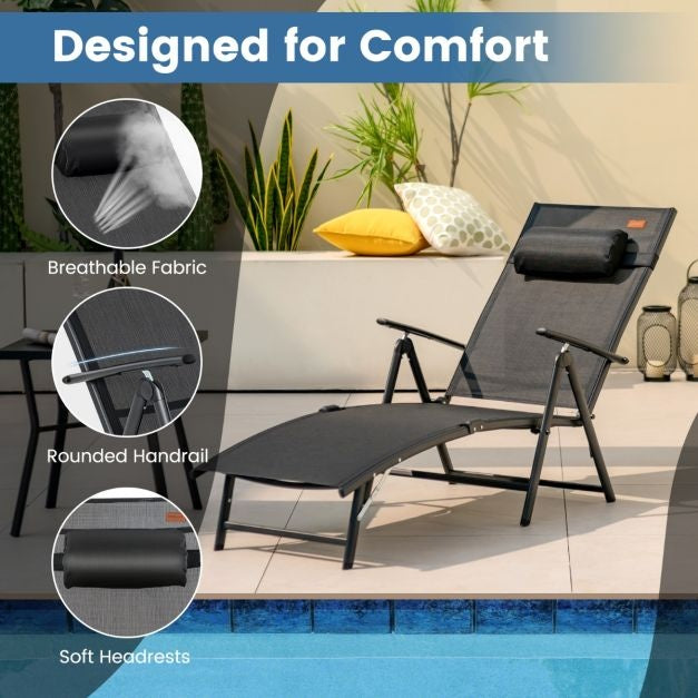 Coast Sun Lounger Gartenliege mit Kopfstütze 7 verstellbare Rückenlehnen schwarz