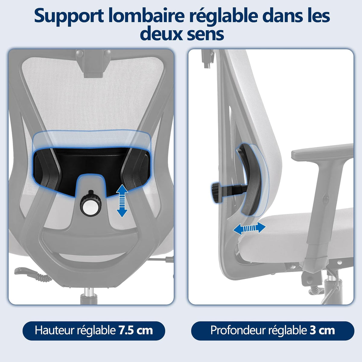 Yaheetech Ergonomischer Bürostuhl mit verstellbarer Lendenwirbelstütze und Kopfstütze 70 × 70 × 125 cm Hellgrau