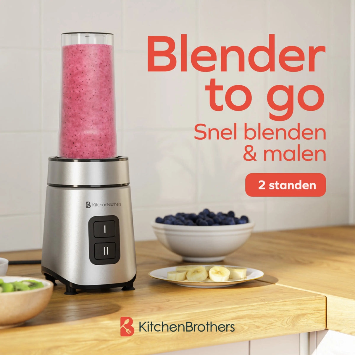 KitchenBrothers Mini-Mixer To-Go mit 2 Flaschen à 600 ml – 550 W – 4 Edelstahlklingen – Schwarz