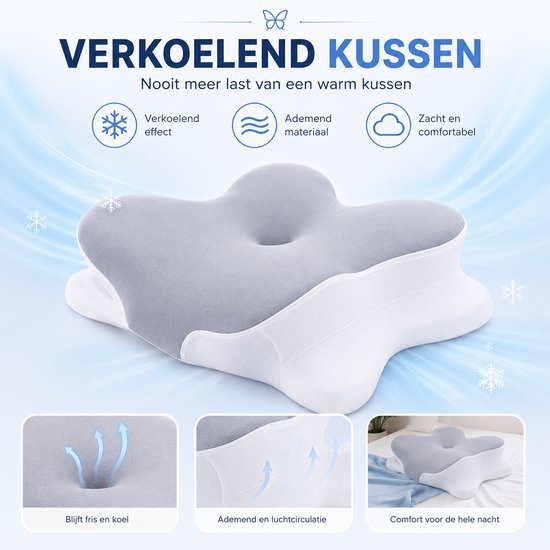 Ergonomisches Kopfkissen – 95 % Baumwolle - Kopfkissen bei Nackenbeschwerden – Schmetterlingskissen – Für Rücken-, Bauch- und Seitenschläfer – Memory-Schaum – Kissen aus Memory-Schaum – Schlafkissen – Kissen – Ergonomisches Kissen – Orthopädische Kissen –