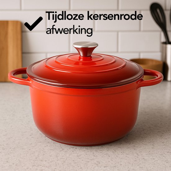 Aviro Gusseisen-Kasserolle - Ø26CM - 5L - Alle Wärmequellen inkl. Induktion - Eintopf - PFAS-frei - Mit Deckel - Rot