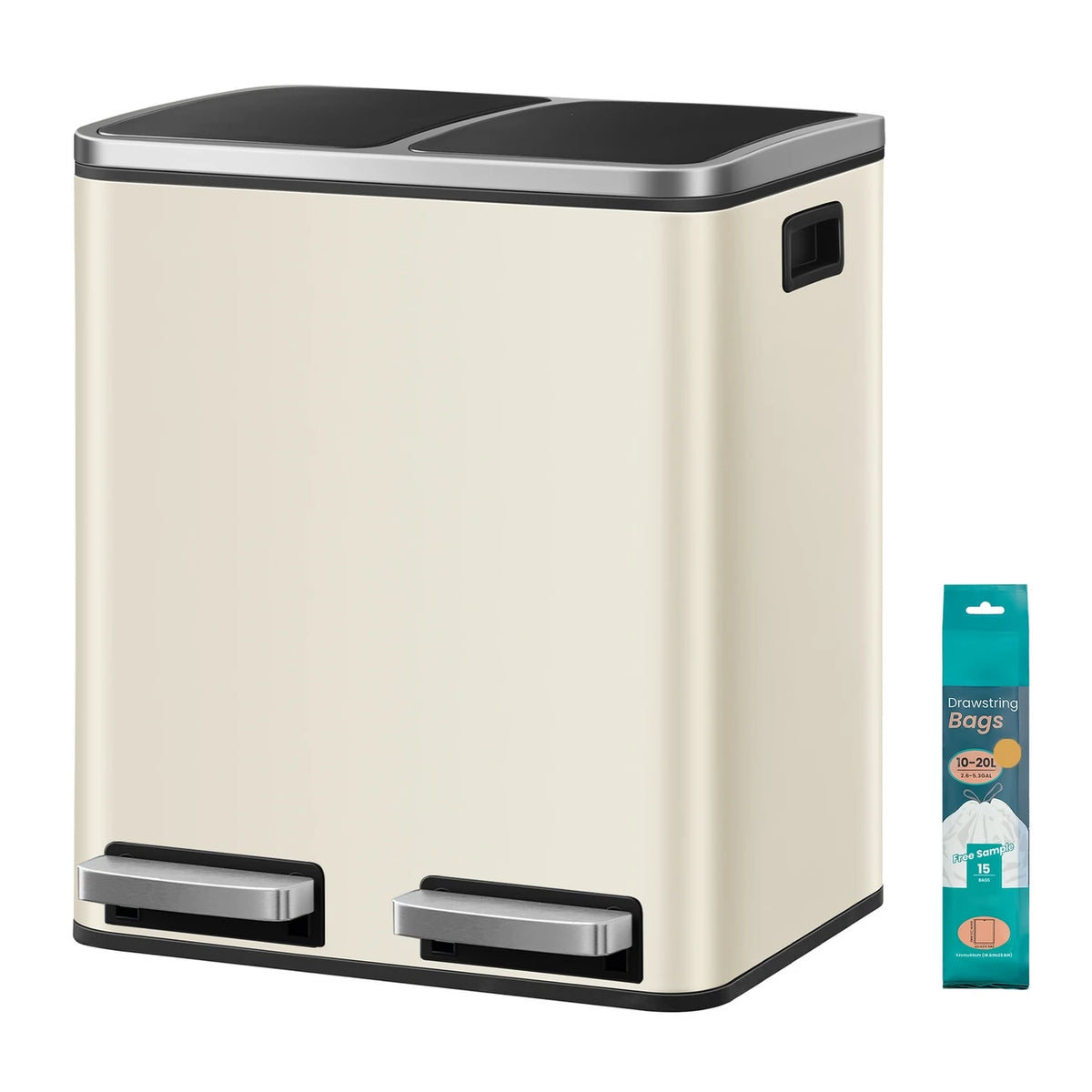 Joyfurnos Doppel-Treteimer – Beige & Schwarz – 2 x 15 Liter – Softclose-Deckel – Stahl – 41,8 x 35,9 x 44,5 cm
