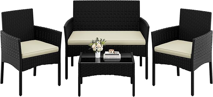 Yaheetech 4-teiliges Polyrattan-Lounge-Set – 2-Sitzer-Sofa, 2 Stühle & Glastisch – Schwarz/Grau