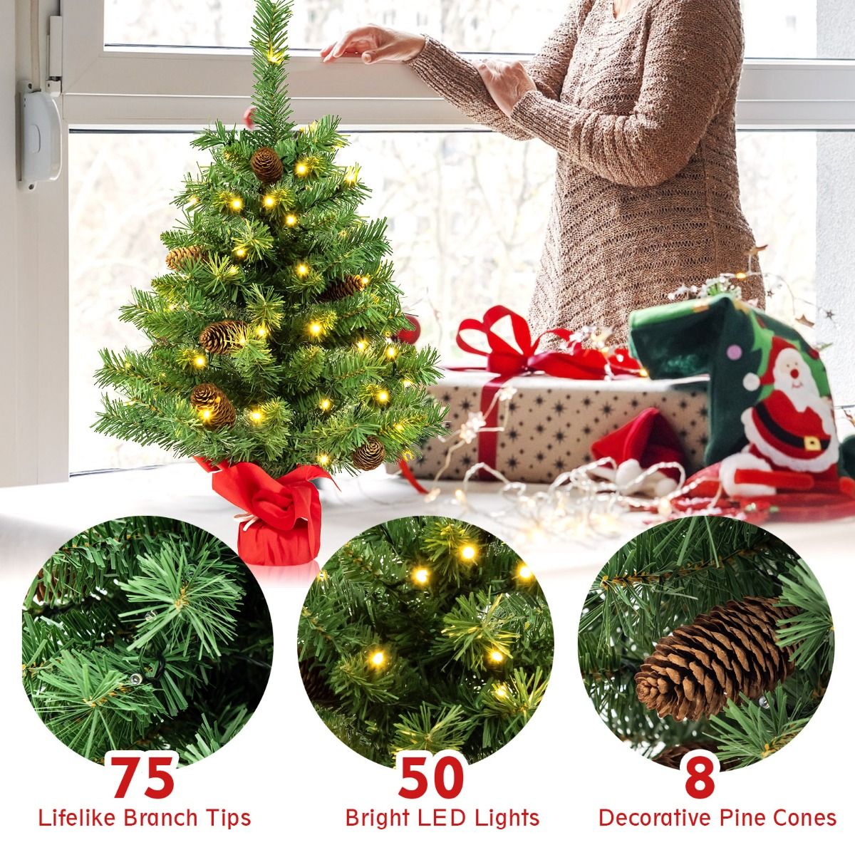 Coast Künstlicher Weihnachtsbaum mit Led-Lichtern und Tannenzapfen - Tischweihnachtsbaum mit Zementsockel - Grün - 64 cm