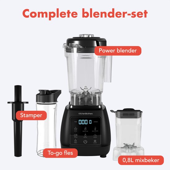 KitchenBrothers 2-in-1 Power Blender - 1600W - 2L - Komplettset mit Zerkleinerer und To-go Cup - Smoothie Maker - Ice Crusher - Schwarz