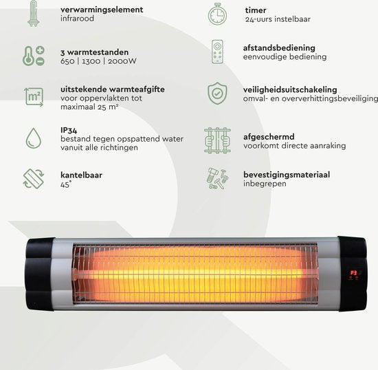 BRASQ - Elektrischer Terrassenheizer Pendant PHW200 - Infrarotheizung 2500W - mit Fernbedienung und Timer - 3 Heizstufen - spritzwassergeschützt - Schwarz