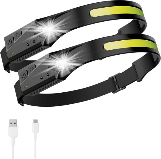 Stirnlampe LED wiederaufladbar - 2 Pack - 6 Positionen - Einstellbar - 150 Meter - Stirnlampe für Camping - Militärstil - Wasserdicht - Proskill