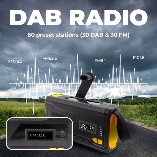Denver Notfallradio - Solarstrombank - DAB & FM Radio - Notfallset - Taschenlampe - Aufziehbar - SOS Licht - Solarstrombank - SCD2033