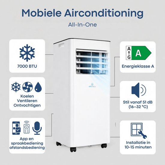 Aironex Mobile Klimaanlage 7000 BTU – App & Fernbedienung – Leise & kompakt – Mobile Klimaanlage mit Fensterdichtung – Mobile Klimaanlage für Schlafzimmer, Wohnzimmer, Büro