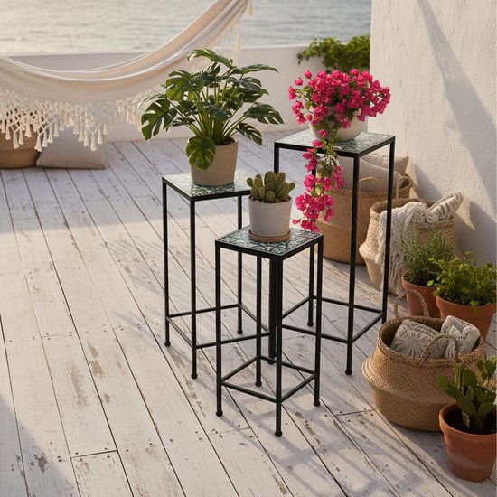 AXI Eline Mosaik-Pflanztisch, quadratisch, mehrfarbig – 3er-Set – Beistelltische – Verschiedene Maße – Mosaik-Optik – Mit Keramikfliesen intarsiert – Für den Innenbereich, den Garten, die Terrasse und den Balkon