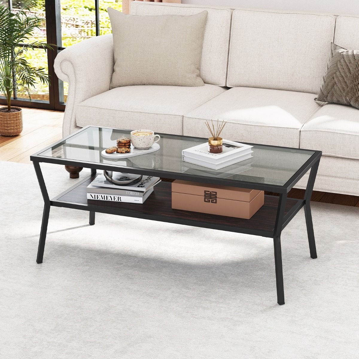 Coast Couchtisch, rechteckig – Tischplatte aus gehärtetem Glas – Metallgestell – grau und schwarz