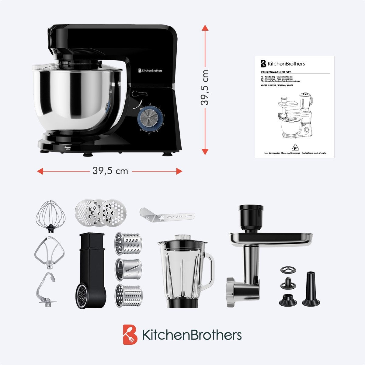 KitchenBrothers Küchenmaschine - Komplettset - 15 Zubehörteile - Küchenroboter - 6L - 1500W - Schwarz