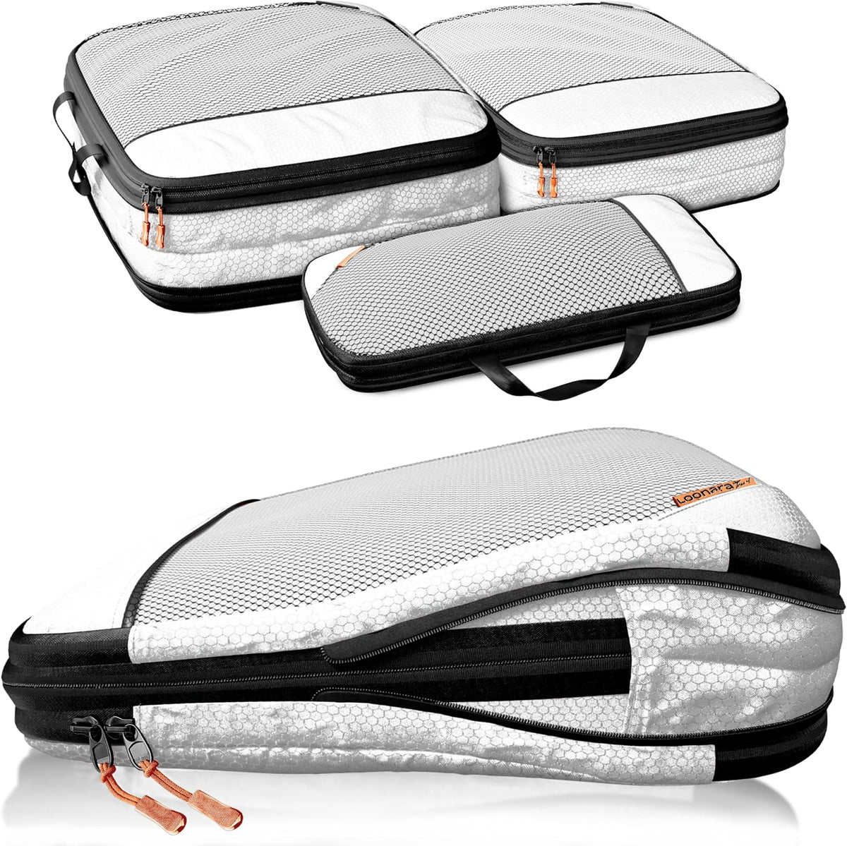 LOONARA Travel Kompressions-Packwürfel, 3er-Set – Koffer-Organizer – Kompression – recyceltes Material