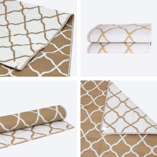 LifeGoods Outdoor Teppich - 183x290CM - Gartenteppich - Reversibel - Inkl. Tragetasche - Mit Muster - Beige/Weiß