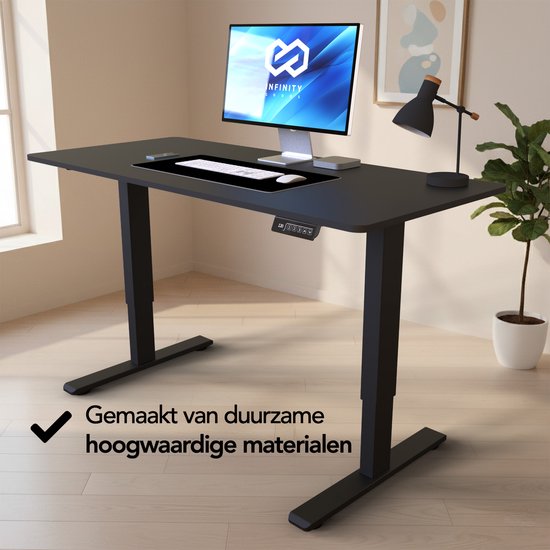Infinity Goods Sitz-Steh-Schreibtisch, elektrisch verstellbar – 140 x 60 cm – Speicherfunktion – Schwarz