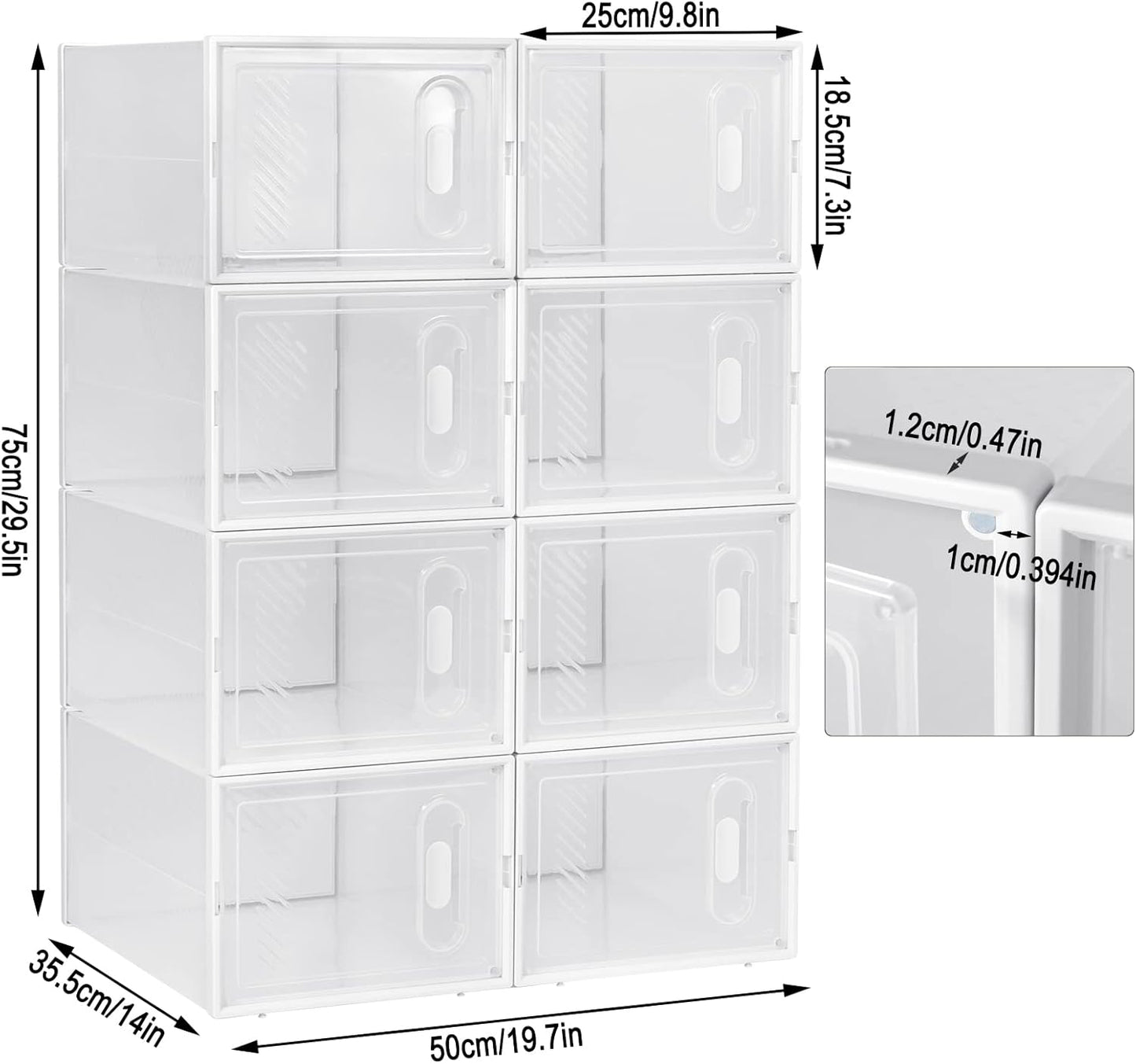 Woltu Schuhkartons, 8er-Set – Transparent-Weiß – Stapelbare Aufbewahrungsboxen mit Klappdeckel – Schuhaufbewahrung aus Kunststoff – 25 x 19 x 35 cm