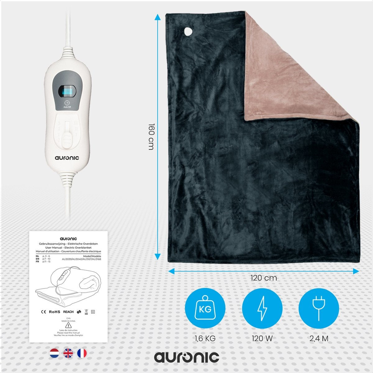 Auronic - Elektrische Wärmedecke mit Timer - 3 Stufen - 160 x 120cm - Anthrazit/ Beige