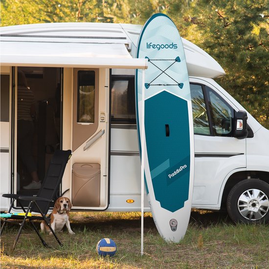 LifeGoods SUP Board All-round Compact - 100 KG Tragfähigkeit - 300 x 76 cm - Aufblasbar - Komplettes SUP Paket - Weiß/Tiefes Aqua