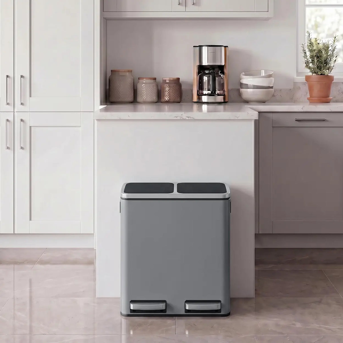 JOYFURNOS Mülleimer 16 l – 41,8 × 35,9 × 44,5 cm – Grau – Zwei Fächer mit Softclose