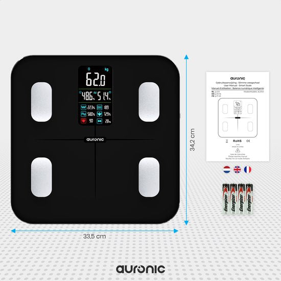 Auronic Personenwaage - Körperanalyse & Fettanteil - Digital - 15 Messungen - Schwarz