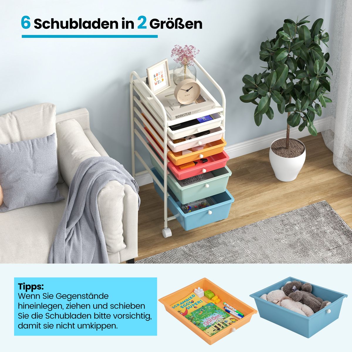 Coast Rollcontainer mit 6 stapelbaren Schubladen – Metallgestell – mit Aufbewahrungsbehälter – bunt