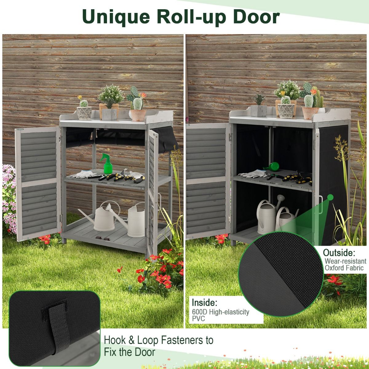 Coast Holz Gärtnertisch Aufbewahrungsschrank 67x47x100 cm Grau mit Metallarbeitsplatte und 2 Einlegeböden