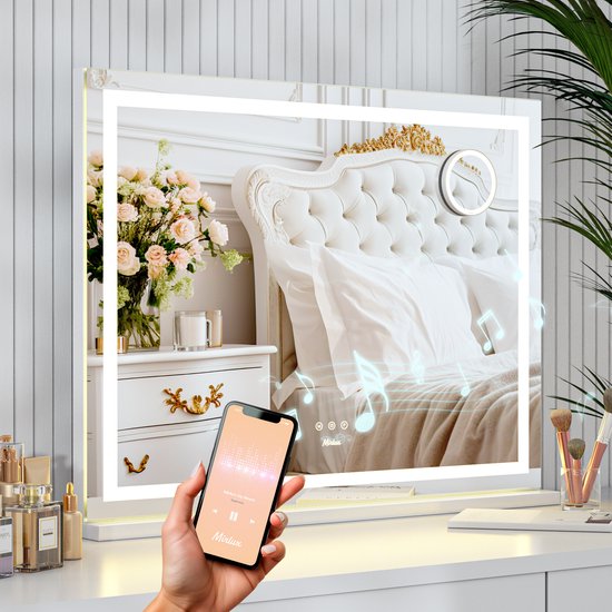 Mirlux Hollywood Mirror - 80x60CM - 2 Bluetooth-Lautsprecher - USB & USB-C Ladeanschlüsse - LED-Beleuchtung - Schminkspiegel - 10x Zoom - Aufhängbar - Weiß