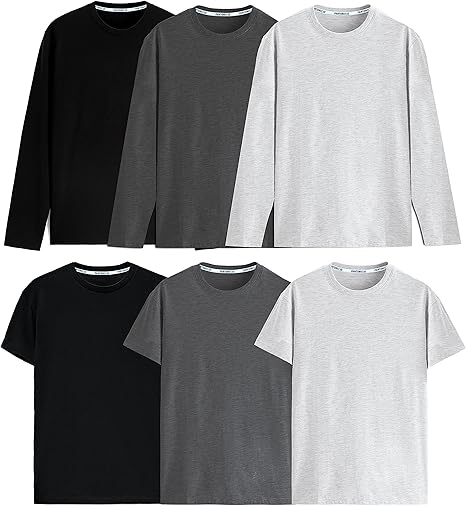 PANTONECLO Herren T-Shirt Multipack 6 Stück - Lange und kurze Ärmel, Schwarz, Grau, Dunkelgrau, Größe XL