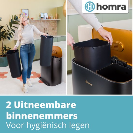 Homra Rockx Mülleimer 60 Liter – Duo-Treteimer 2×30 l mit Geruchsfilter – Edelstahl-Mülltrennbehälter mit 2 Fächern – Recycling-Mülleimer – Küchenmülleimer – Mülleimer zur Mülltrennung – Doppel-Mülleimer in Schwarz und Kupfer
