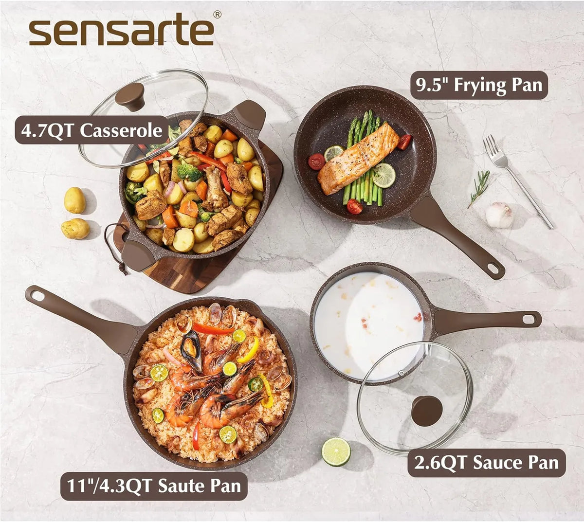 SENSARTE Antihaft-Pfannenset, 13-teilig – Toffee-Braun – Granitbeschichtung, PFOA-frei