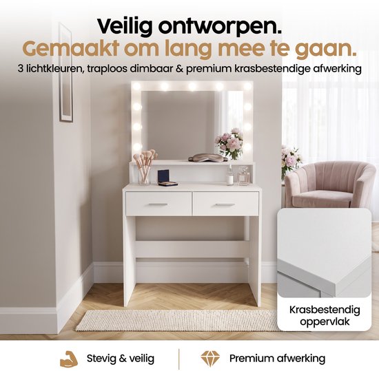 Infinity Goods Schminktisch – Make-up-Tisch – Mit Spiegel und 11 LED-Lampen – Viel Stauraum – Dimmbar – Weiß