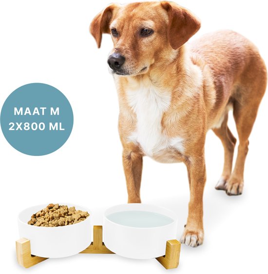 Fressnapf Hund - Trinknapf - Mit Bambusständer - 2x 800 ml - Größe M - Weiß Matt
