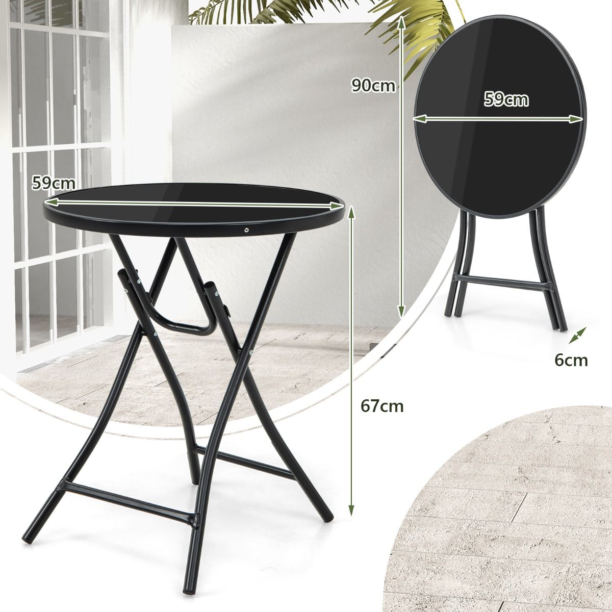 Coast Runder Bistrotisch - Faltbar - 59x67 cm - Terrassen- Mit gehärtetem Glas und Metallgestell - Schwarz