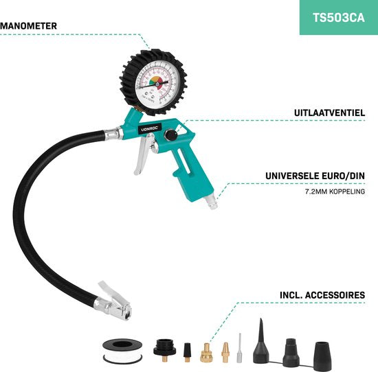 VONROC Druckluftwerkzeug-Set - 4-teilig - Reifenpumpe, Luftpistole, Farbspritzgerät und 5m Spiralschlauch - Universal EURO/DIN 7,2mm Kupplung