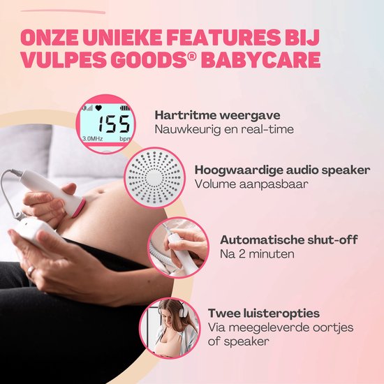 Vulpes Goods® BabyCare - Doppler Baby PRO - Baby-Herzmonitor - Fetal-Doppler - Herzschlag-Baby-Doppler - Echo-Gerät - Schwangerschaftsgeschenk - Pink - Inkl. Ultraschall-Gel und Ohrstöpsel