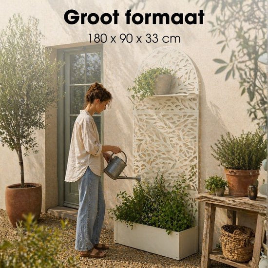 Mica Decorations Sapri Pflanzenstütze – Pflanzkübel mit Klettergitter für Kletterpflanzen – Pflanzenständer, freistehend oder an der Wand – 90 x 33 x 180 cm – Off White