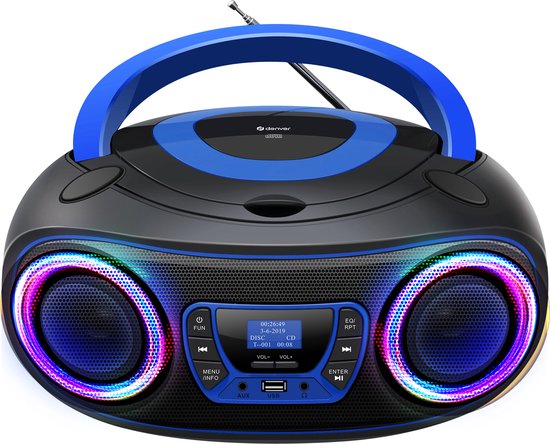 Denver Tragbares DAB-Radio CD-Player Kinder - Bluetooth - Lichteffekte - Boombox - AUX - FM - TDB212BLUE