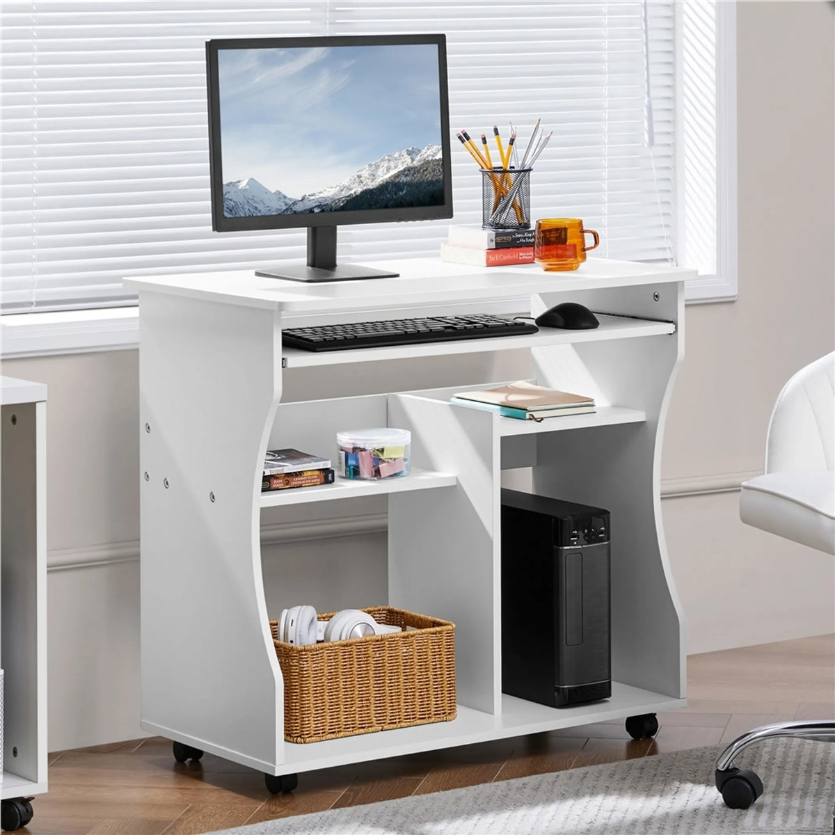 Yaheetech Computertisch auf Rädern - Mit ausziehbarer Tastaturschublade und zwei Ablagefächern und Bremsfunktion - Für Heimbüro und Schlafzimmer - Weißes Mdf und Metall - 80 x 48 x 76 cm