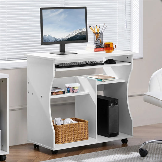 Yaheetech Computertisch auf Rädern - Mit ausziehbarer Tastaturschublade und zwei Ablagefächern und Bremsfunktion - Für Heimbüro und Schlafzimmer - Weißes Mdf und Metall - 80 x 48 x 76 cm