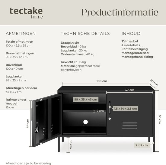 tectake® Stahl-Sideboard – TV-Möbel – 100 x 42,5 x 65 cm – Kommode – Verstellbare Einlegeböden – 2 Türen mit Magnetverschluss – Lowboard – Metallschrank – Schwarz