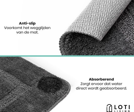 Loti Living Badematten-Set mit Toilettenvorleger rutschfest - Duschvorleger - Badezimmervorleger - Bodenvorleger - Badematten-Set Toilettenvorleger - Badematten-Set rutschfest - Grau - 50x80 cm + 50x40 cm