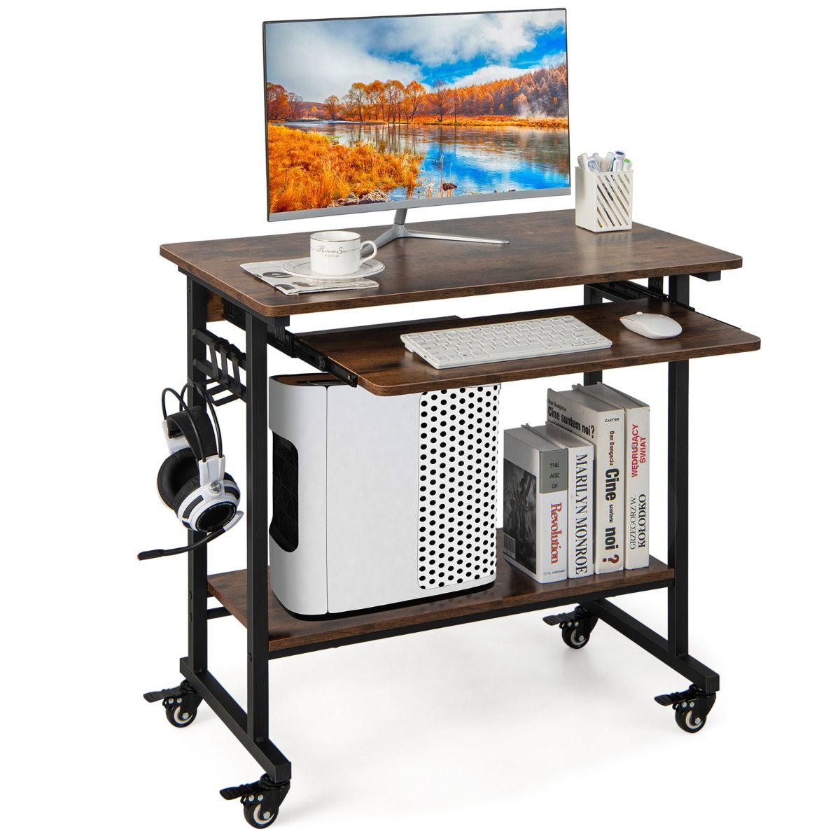 Coast Mobiler Computertisch – ausziehbare Tastaturablage – Ablagefach und Haken – rustikales Braun 80 x 50 x 78 cm