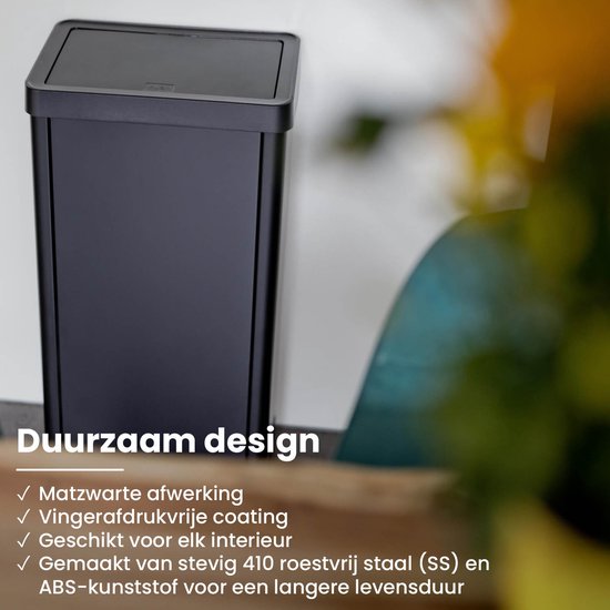 QLT Knockdown Push Mülleimer 50 Liter - Deckel öffnet durch Drücken - Fingerabdrucksicher - Modernes und langlebiges Design - 36x24.2x83 cm - Schwarz