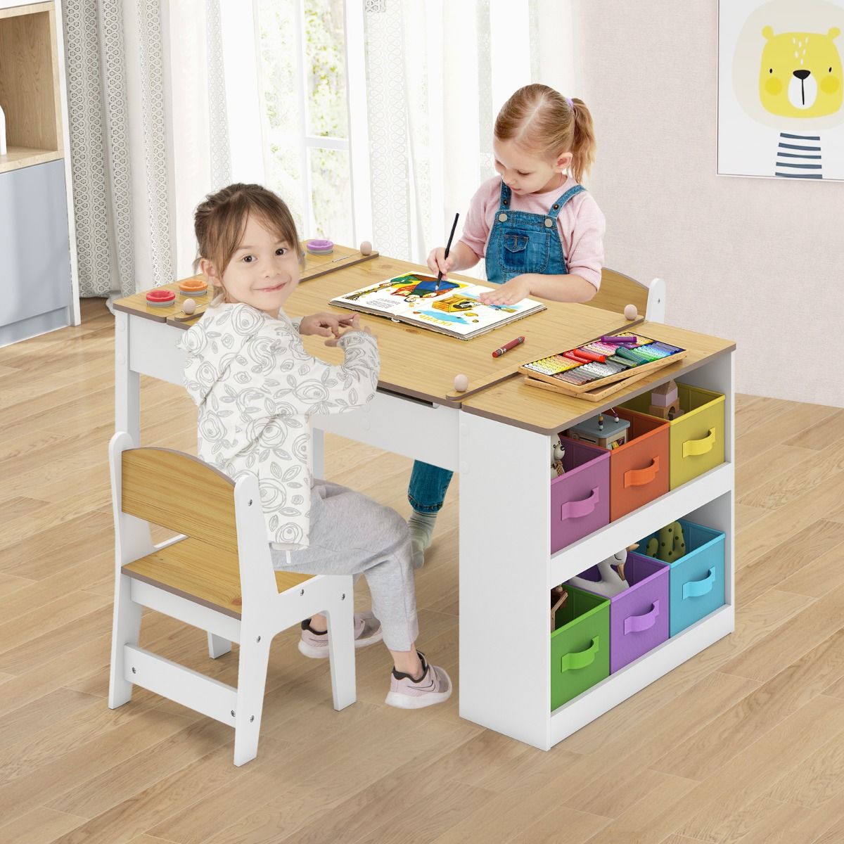 Coast Kinder-Mal- und Zeichenpult-Set – 2-in-1-Multifunktionsdesign – mit 2 Stühlen – weiß und naturfarben