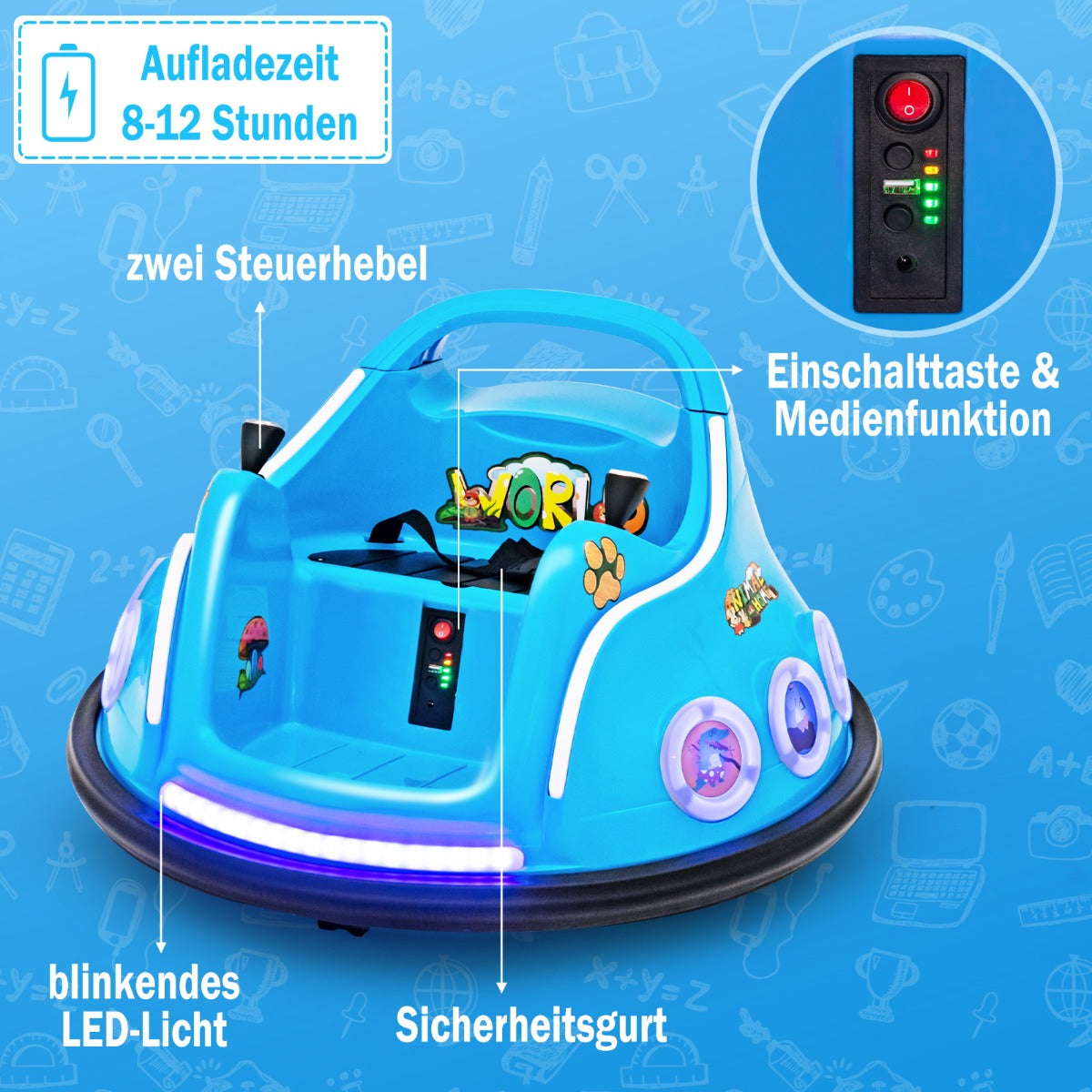 Coast Autoscooter - 360 Grad drehbar - 12V - Inkl. Musik & Licht - 73x73x43cm - Blau