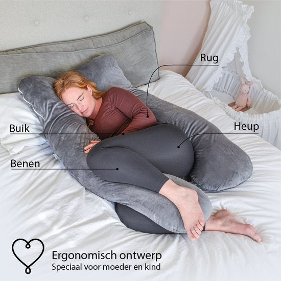 EL Life Schwangerschaftskissen - XXL U-Form - Stillkissen - Seidenkissen - Abnehmbarer Minky-Vliesbezug - 140x80cm - Grau