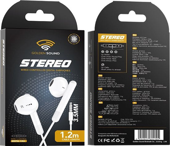 Golden Sound Wired Earbuds - Ohrhörer mit Kabel und Mikrofon - 3,5 mm Klinkenanschluss