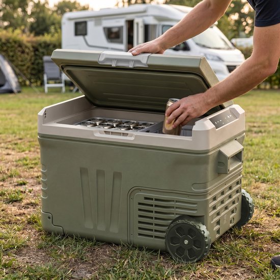 Auronic Electric Cool Box - Kompressor - 35L - 12V und 240 Volt - Camping Kühlschrank - Frigobox Auto - Mit Rädern und Griff - Grün