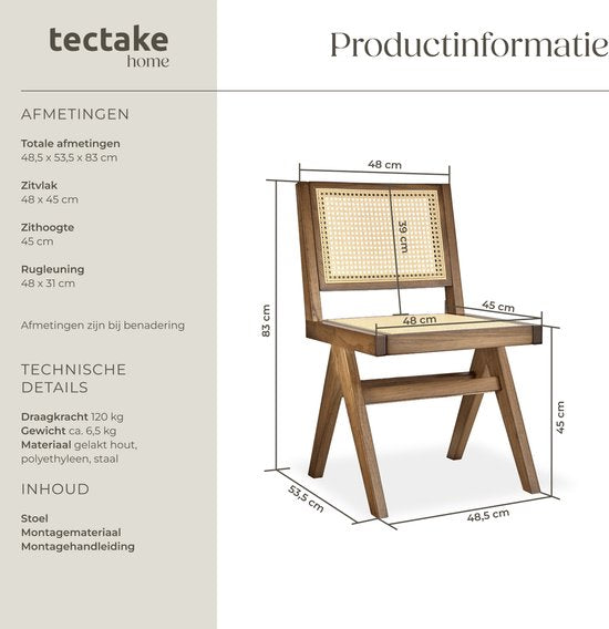 Tectake® Holzstuhl Lizzy - Eiche hell - Mit Wiener Geflecht - Massivholzgestell - Belastbarkeit 120 kg - Braun/Beige