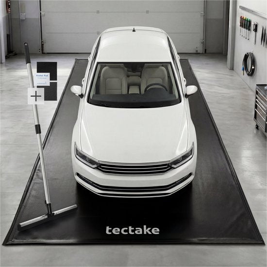 tectake® Garagenmatte – Bodenmatte – 550 x 240 cm – Rutschfest und wasserdicht – Inklusive ausziehbarer Zugleine, Klettpads und Alkoholtüchern – Umweltmatte – Werkstattmatte – Für Garage, Motorrad und Auto
